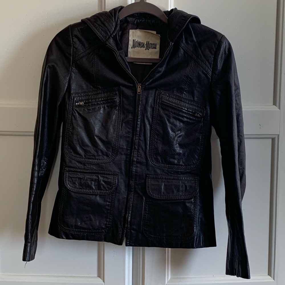 Vntg Niemans Brown Leather Riders Hooded Jacket